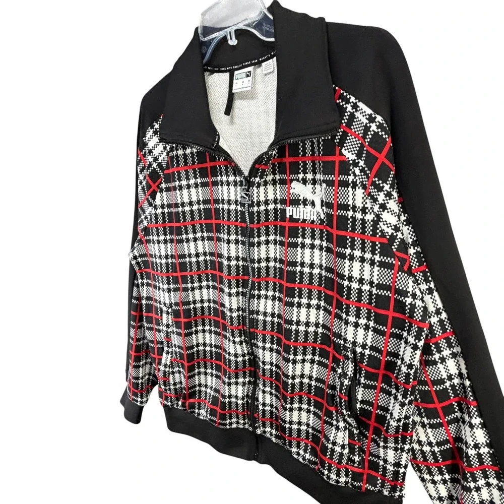 Puma Mens L Plaid Track Jacket Black Red Full Zip French Terry Retro Streetwear